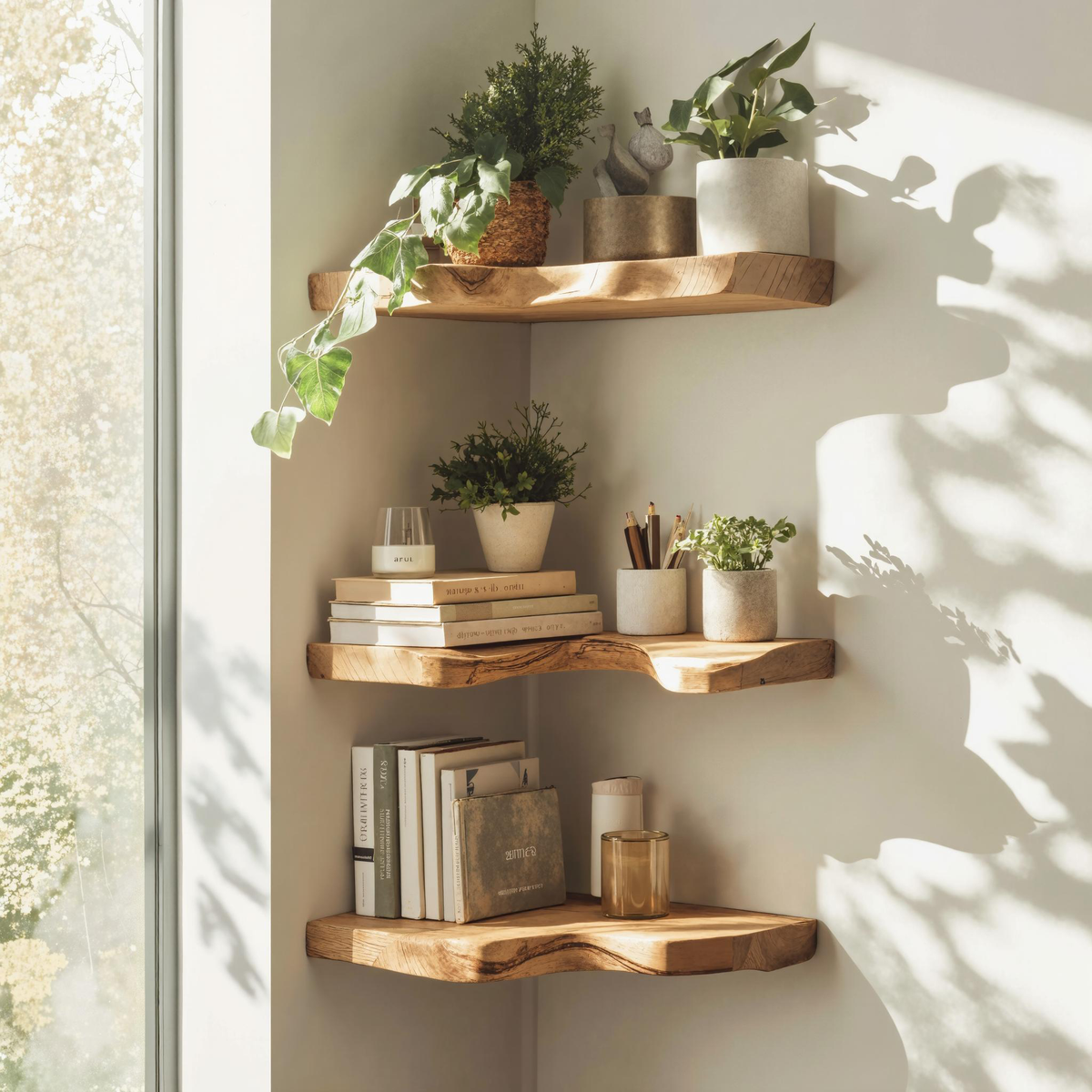 Live Edge Corner Shelf, Farmhouse Floating Wood Shelf for Bedroom