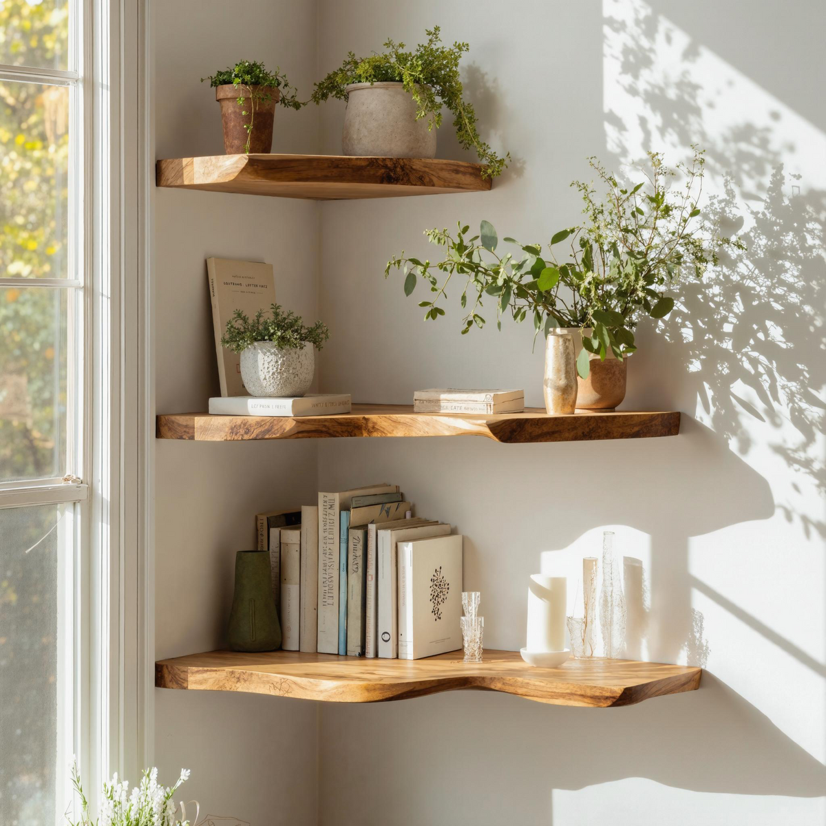 Handcrafted Corner Bookshelf Indoor Design Ideas