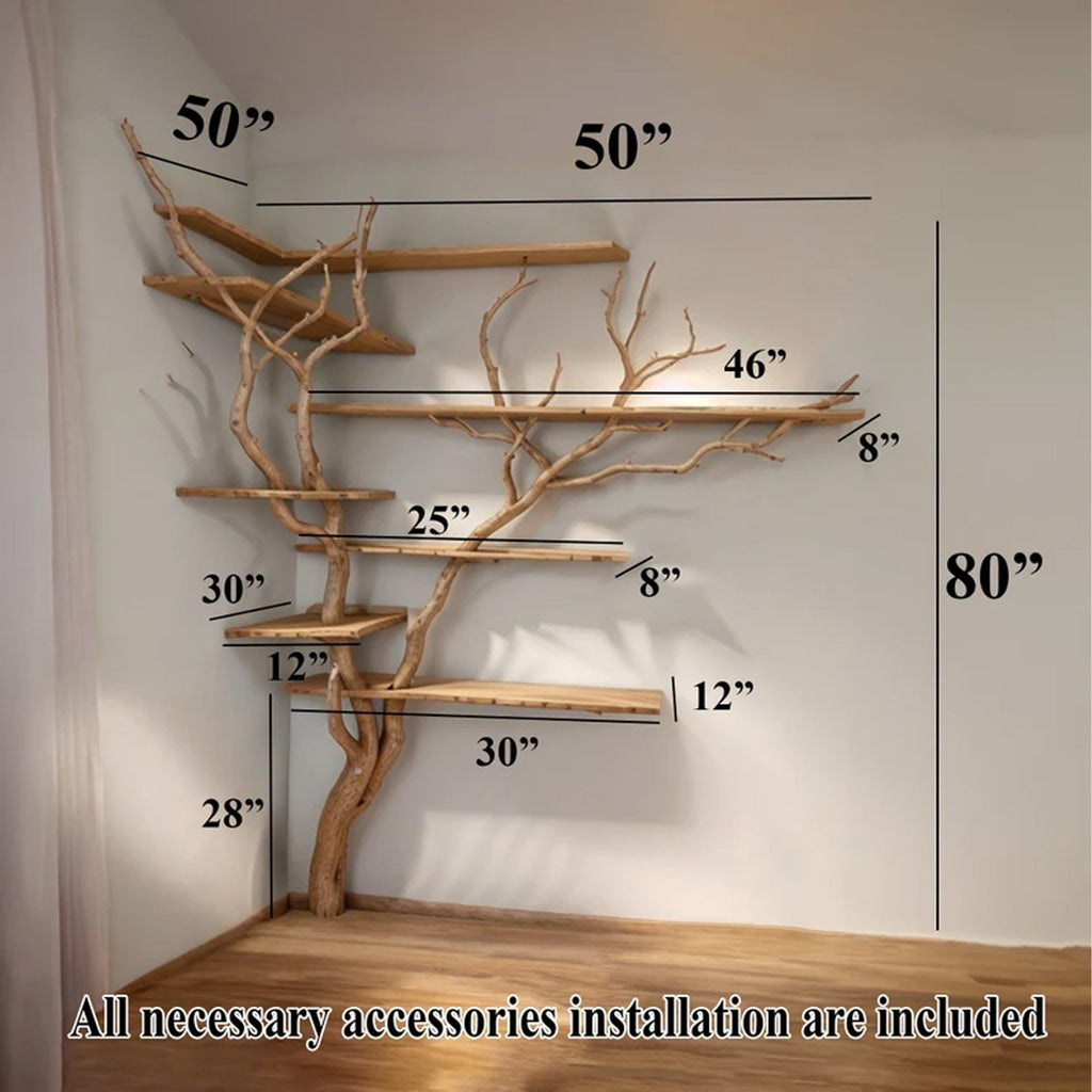 Tall Driftwood Branch Wall Bookcase, Live Edge Shelves, 80 x 50 in