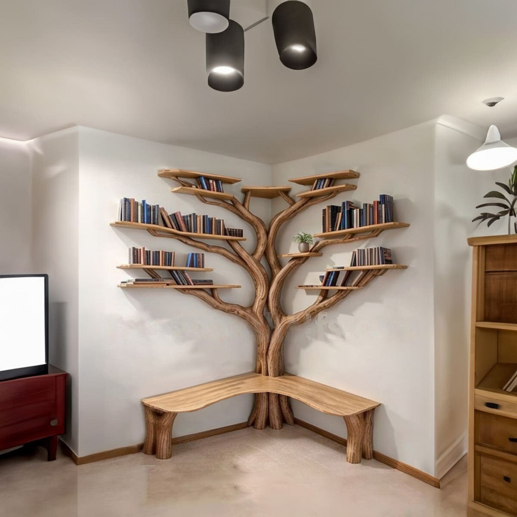 Tree Branch Floating Corner Bookshelf with Optional L-Shaped Bench