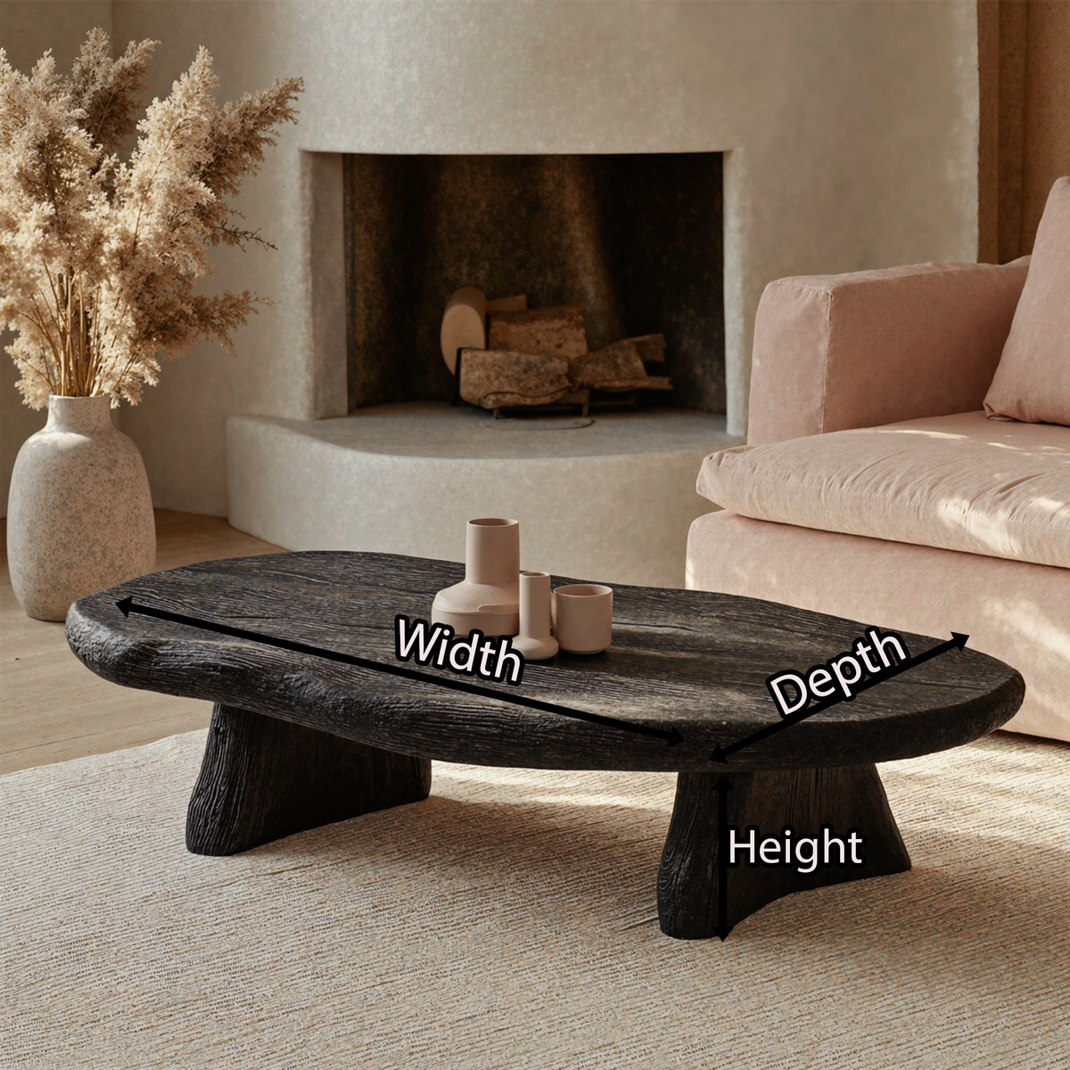 Black Finish Solid Wood Low Coffee Table, 35 To 55 Inch Wide