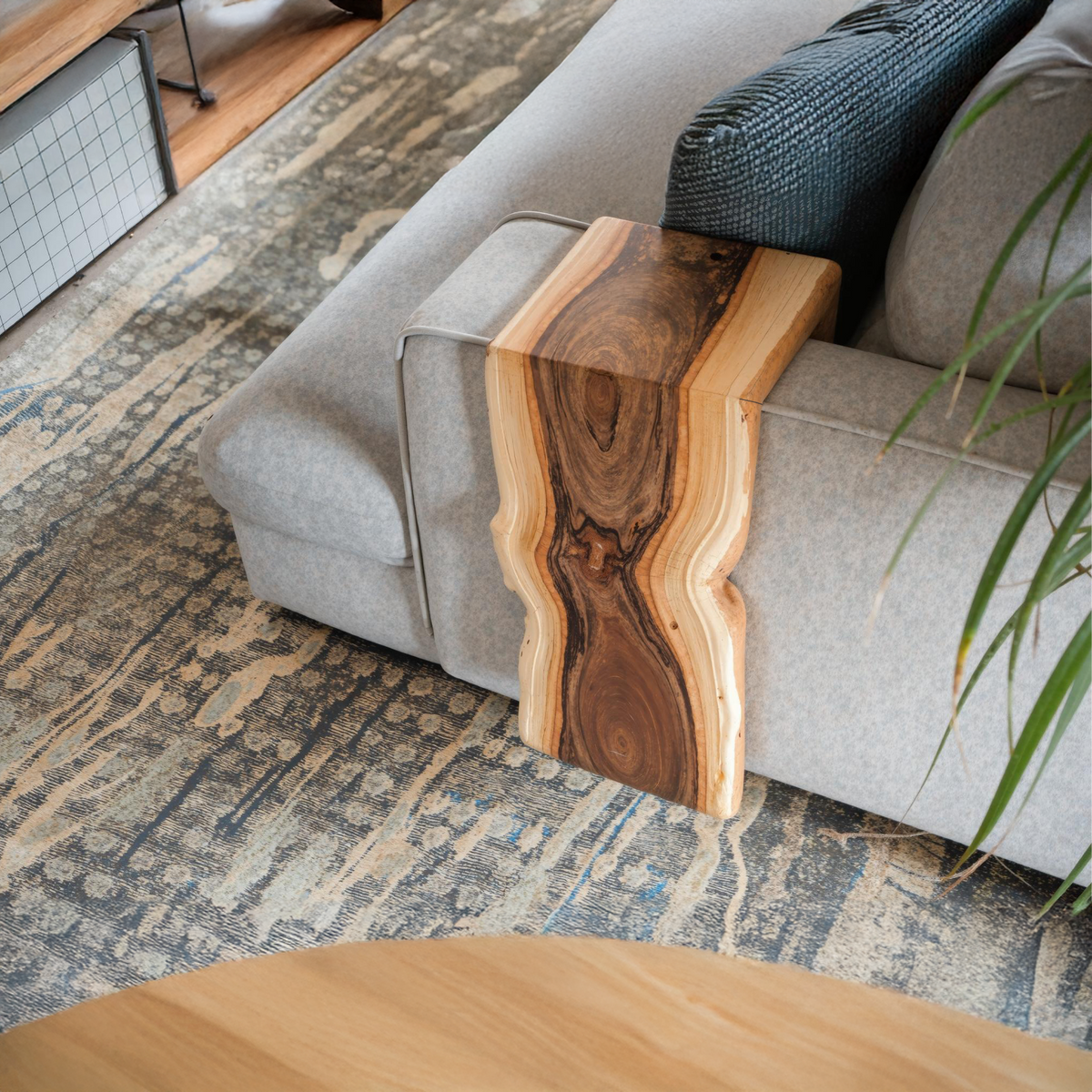Handcrafted Sofa Armrest Table With Functional Storage Space