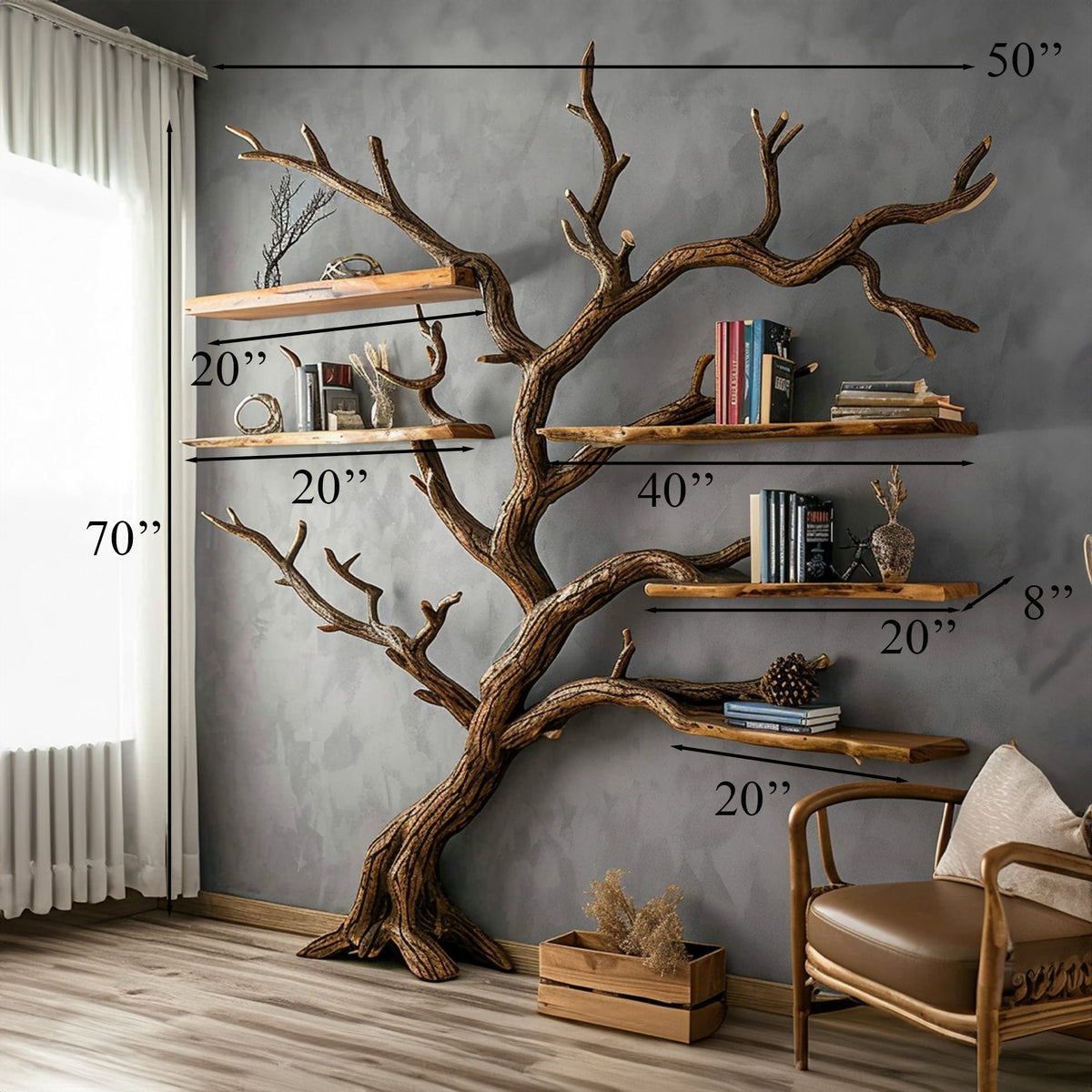 Dark Brown Carved Solid Wood Tree Bookshelf for Living Room