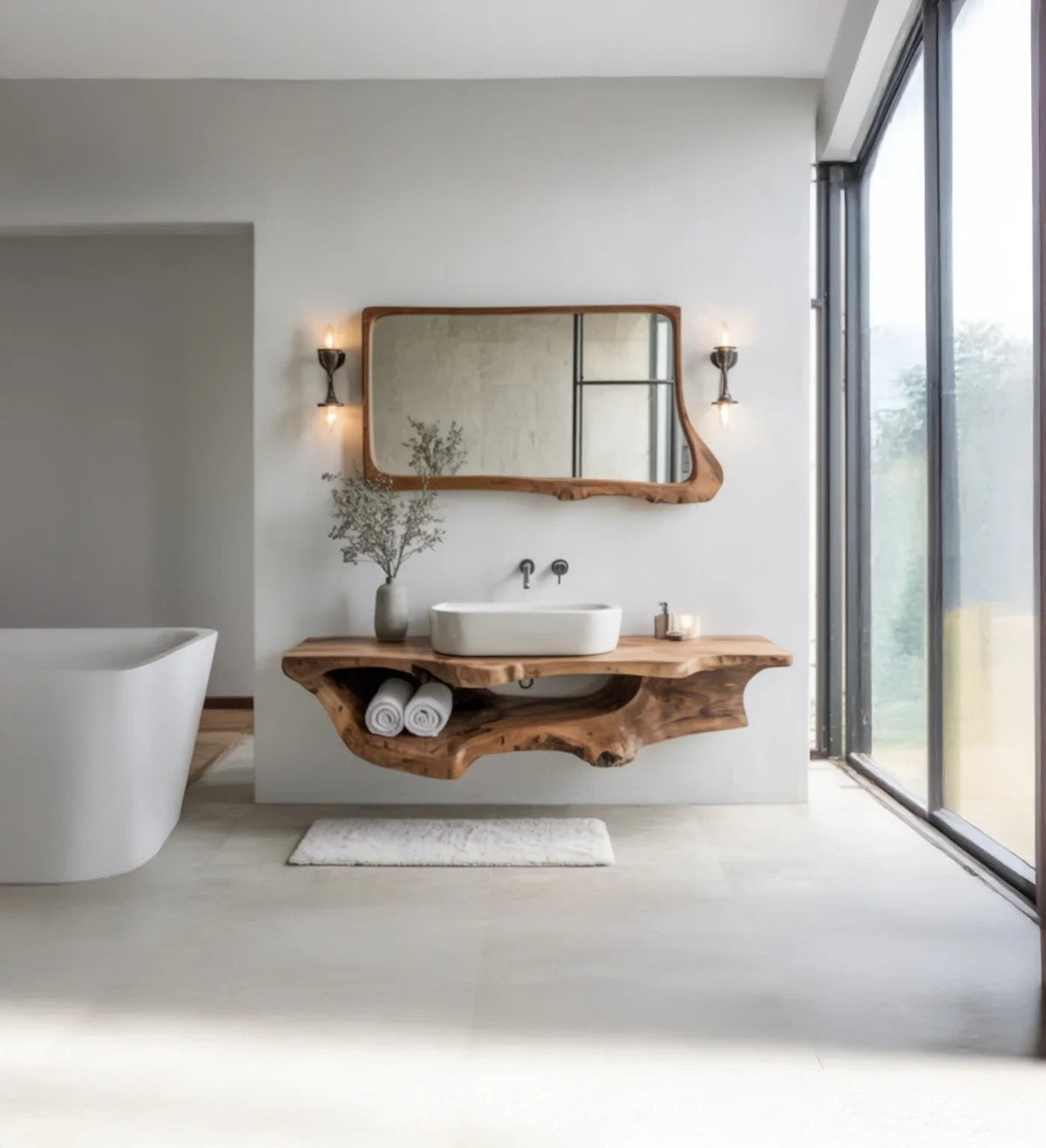 Solid Wood Live Edge Floating Bathroom Vanity With Organic River Edge