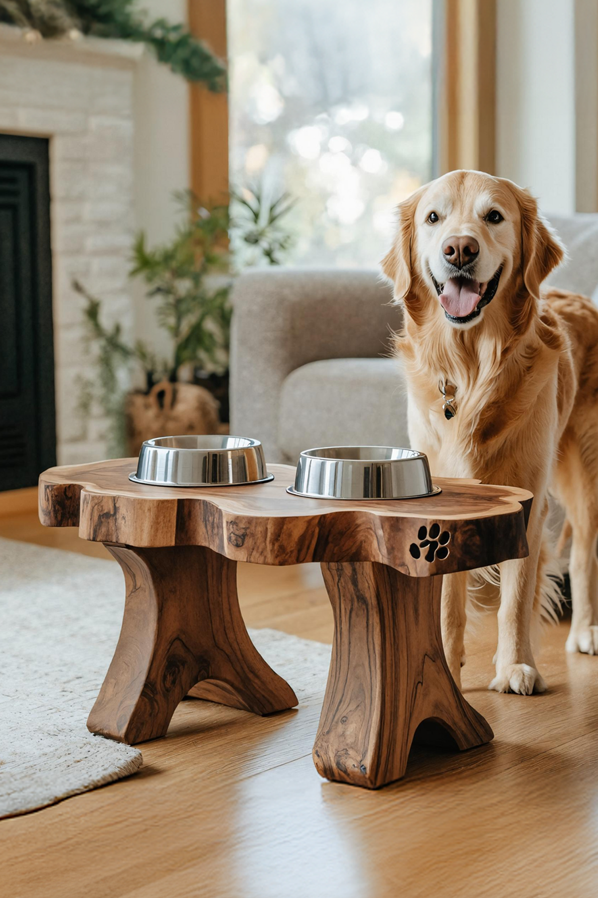 Handmade Pet Food Stand With Rustic Dog Bowl
