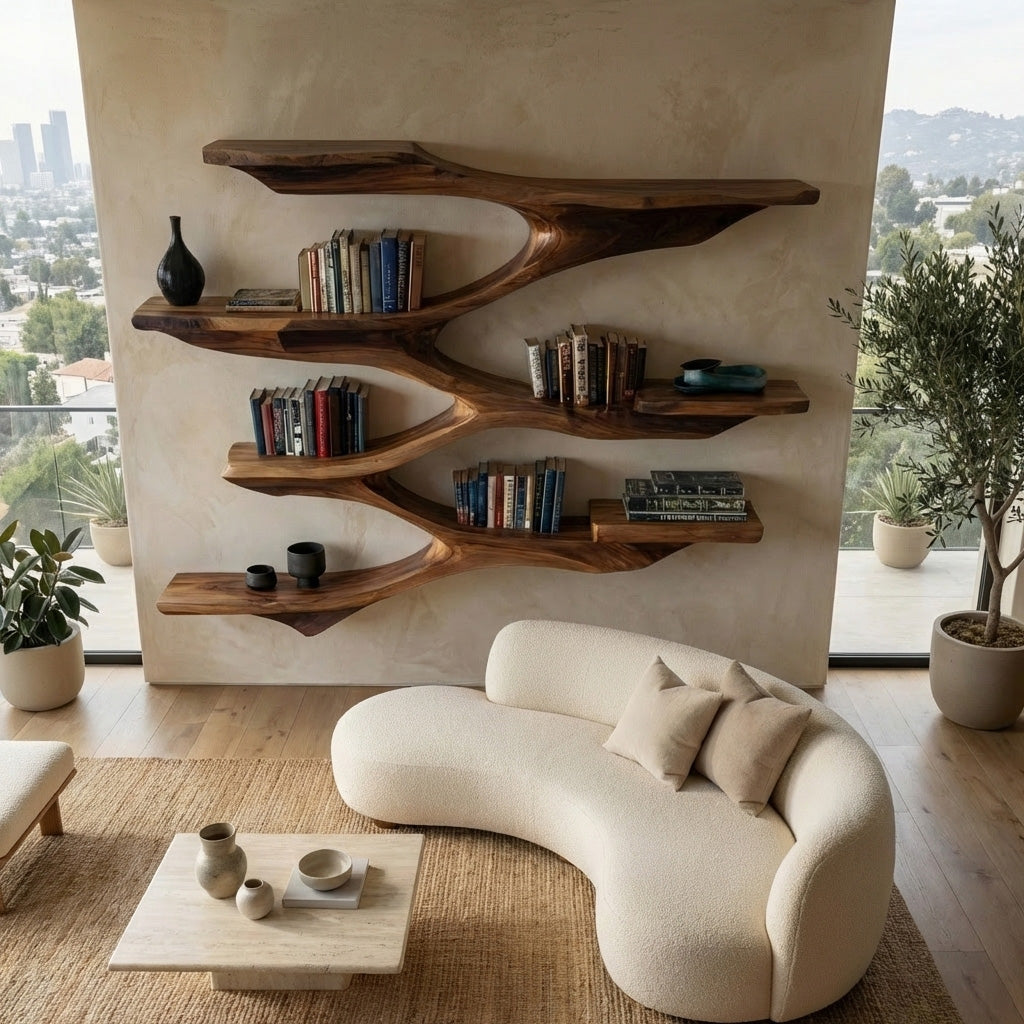 Fanned Tier Wood Wall Shelf with Central Spine, 47 to 71 in Tall