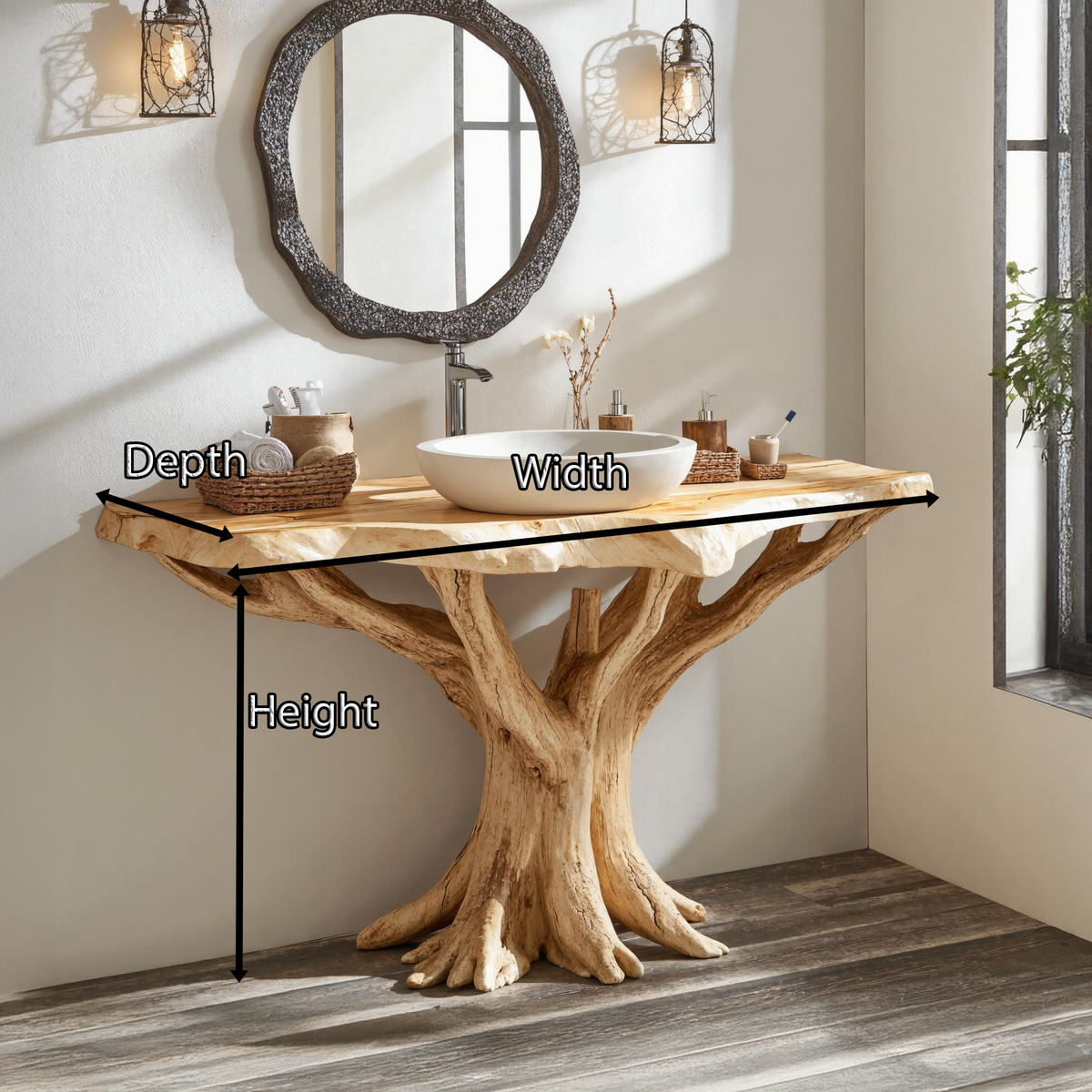 Live Edge Wood Vanity With Natural Tree Base For Eco Bathrooms