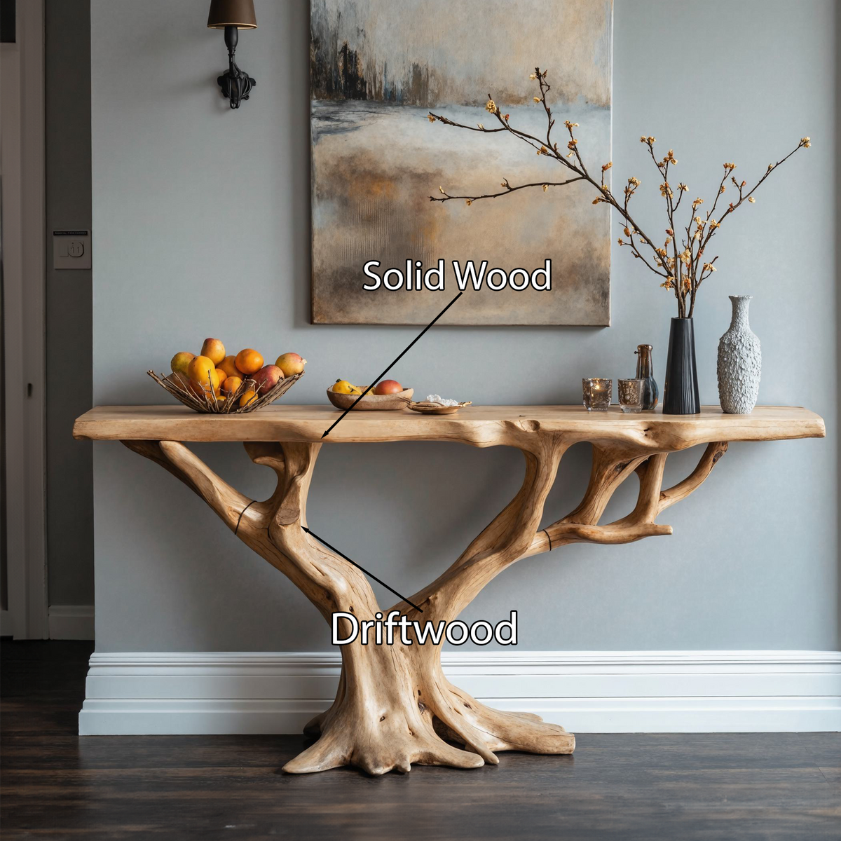 Handcrafted Live Edge Wood Console Table in Warm Brown