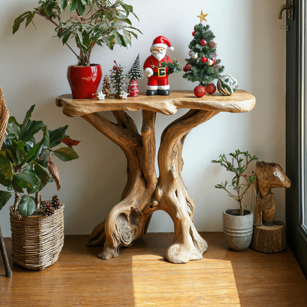 Christmas End Table, Farmhouse Live Edge Solid Wood Side Table