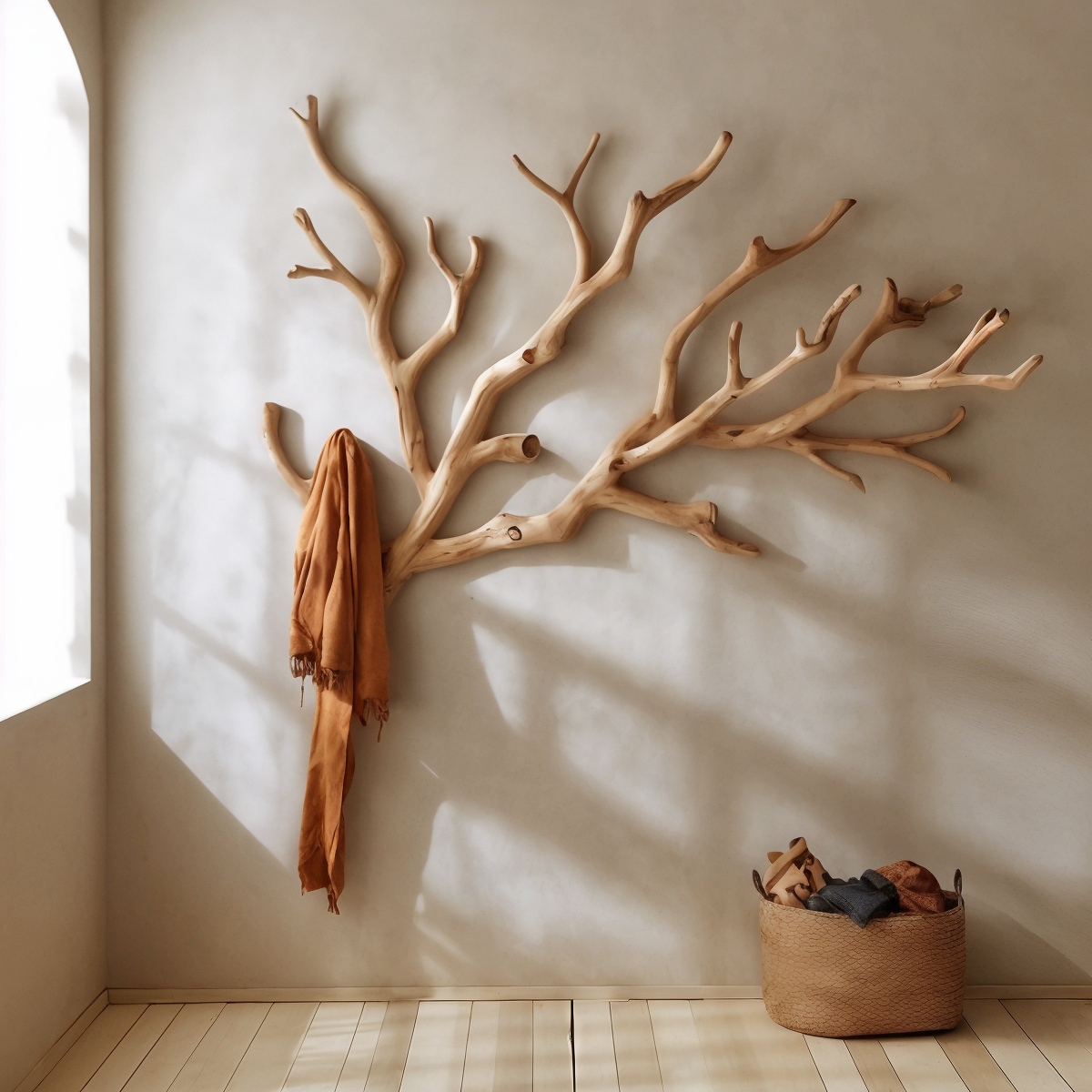 Wall-Hung Driftwood Branch Coat Hanger, Brown, 35 to 59 Inch Wide