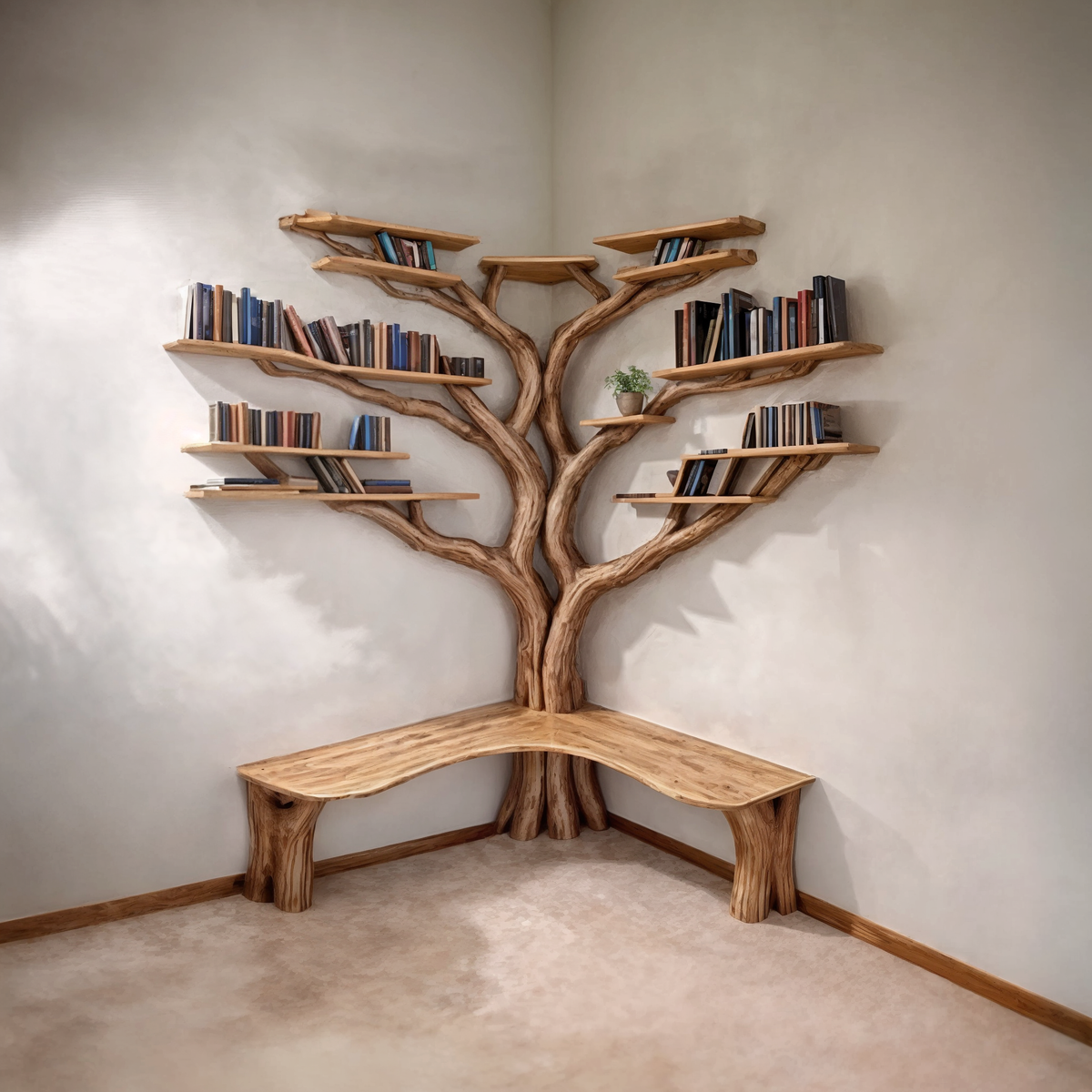 Corner Reading Nook Branch Shelves with Optional L-Shaped Bench Seat