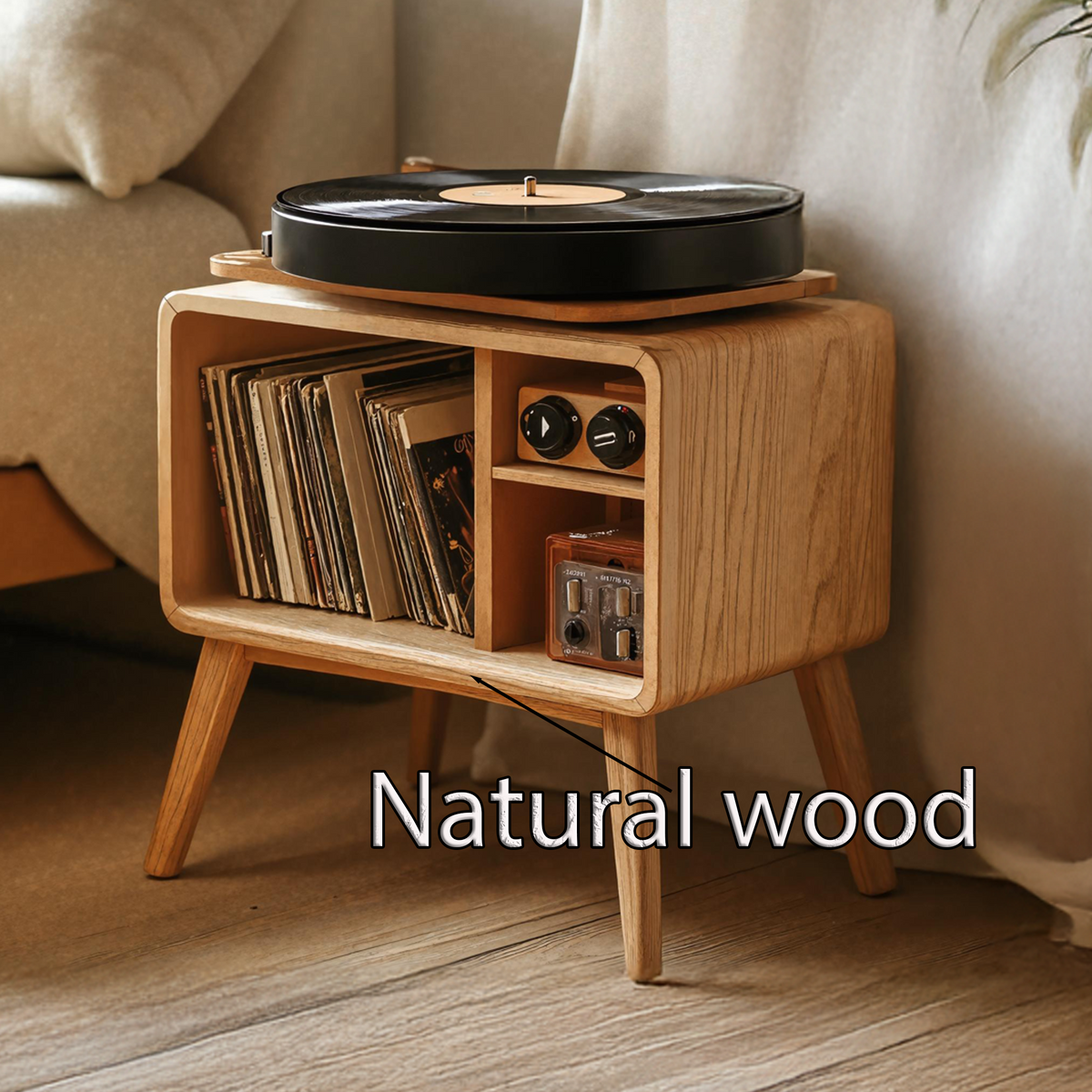 Solid Wood Turntable Stand With Vinyl Record Shelf, 22 To 39 Inch
