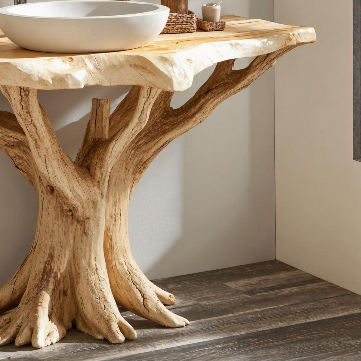 Live Edge Wood Vanity With Natural Tree Base For Eco Bathrooms