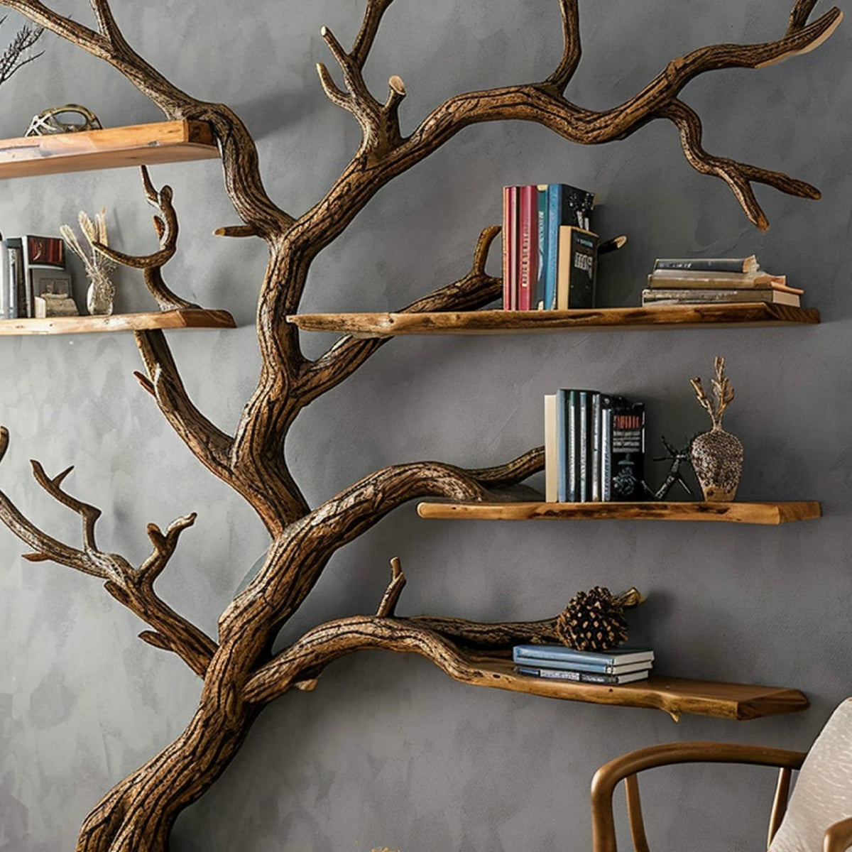 Dark Brown Carved Solid Wood Tree Bookshelf for Living Room