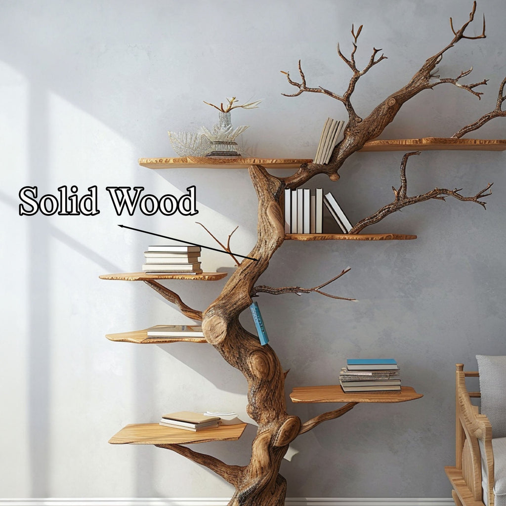 Large Branch Tree Wall Shelf with Live Edge Boards, 80 x 70 in