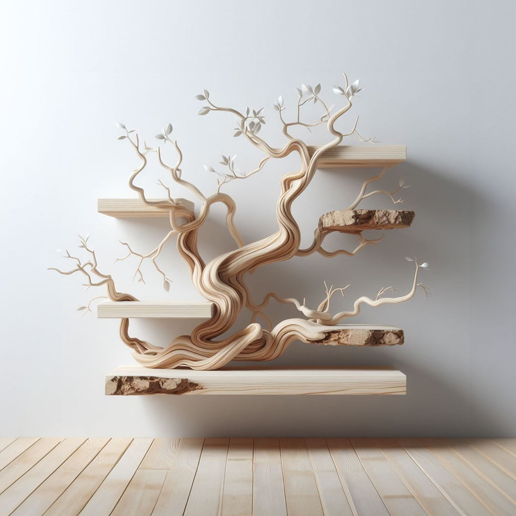 Natural Branch Wall Display with Live Edge Boards, 80 x 60 Inch