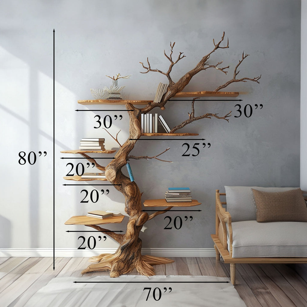 Large Branch Tree Wall Shelf with Live Edge Boards, 80 x 70 in