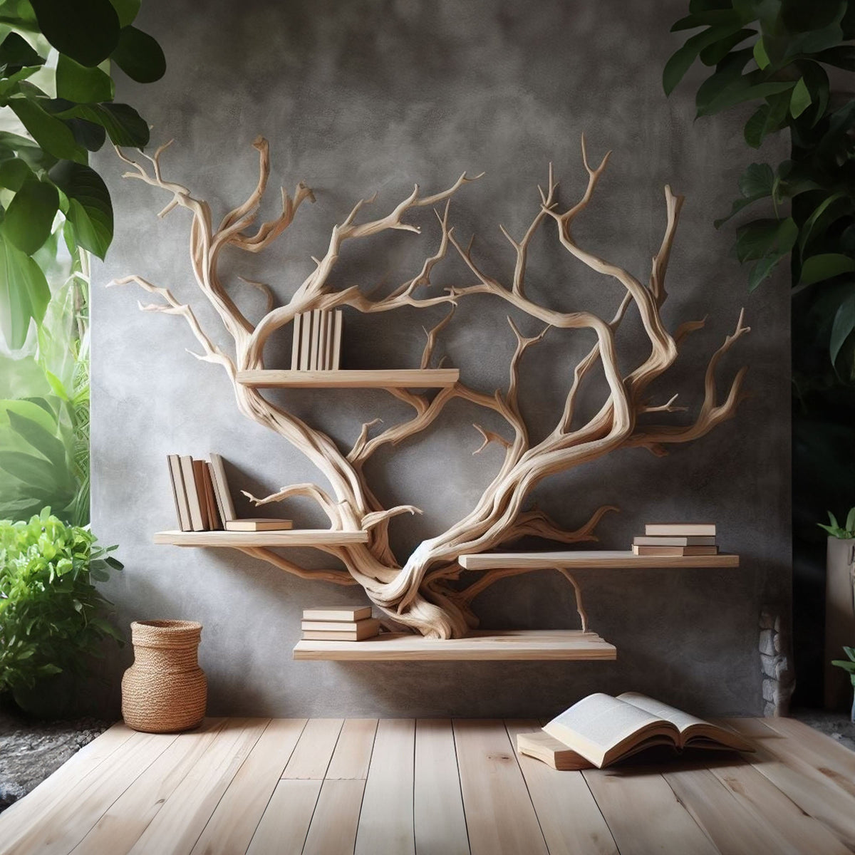 Rustic Driftwood Tree Wall Bookshelf for Home Office