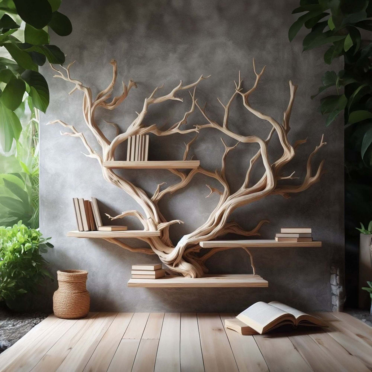 Driftwood Tree Wall Shelf Behind Desk, Natural Finish, 50 to 70 Inch