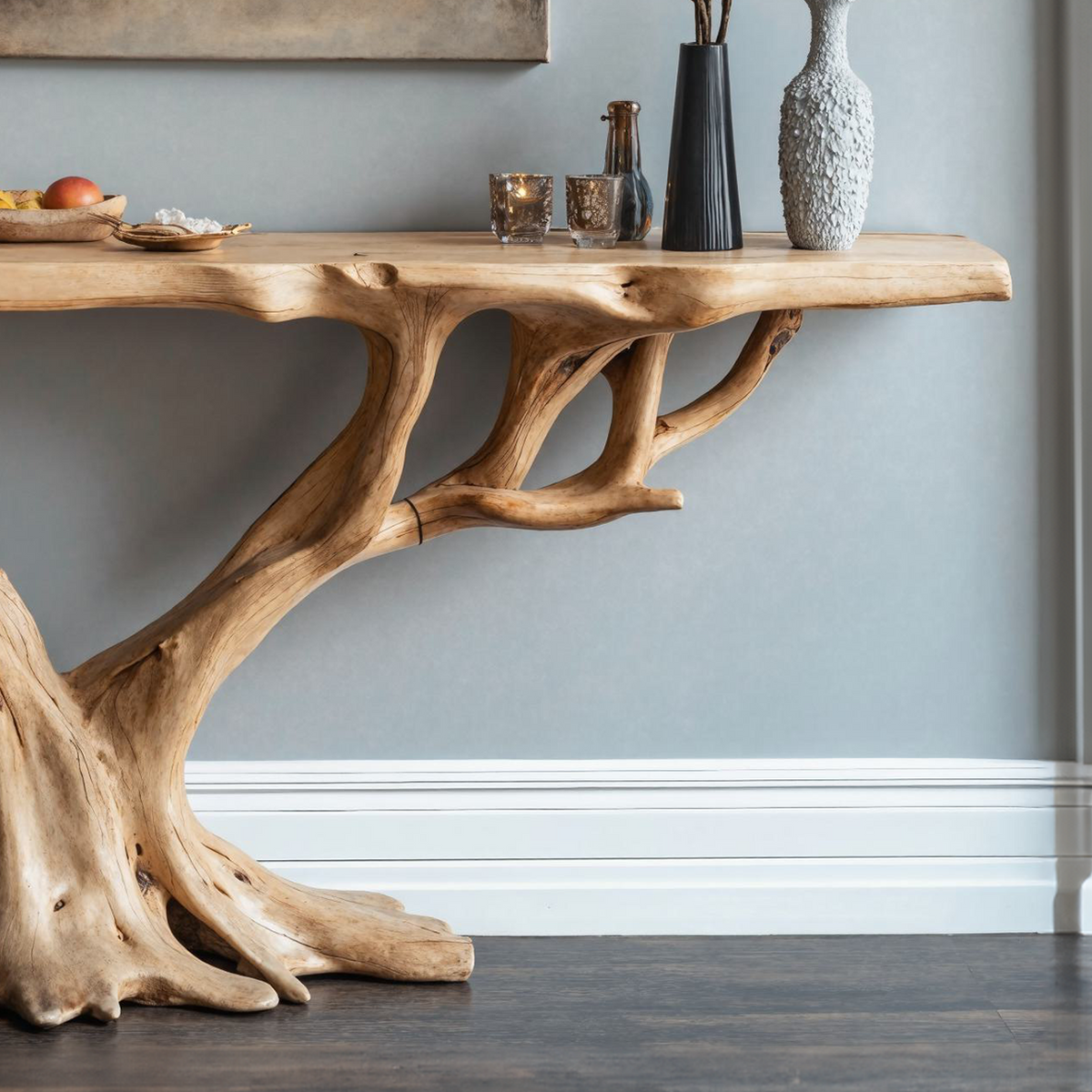 Handcrafted Live Edge Wood Console Table in Warm Brown