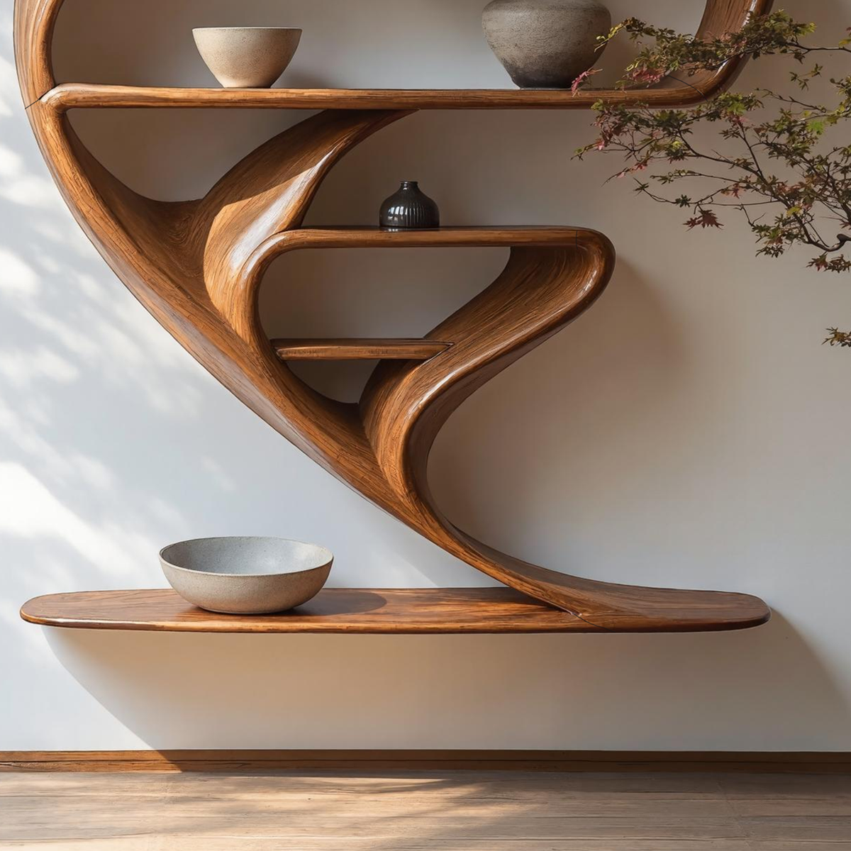 Floating Live Edge Wall Bookcase with Knots, 30 to 41 in Wide