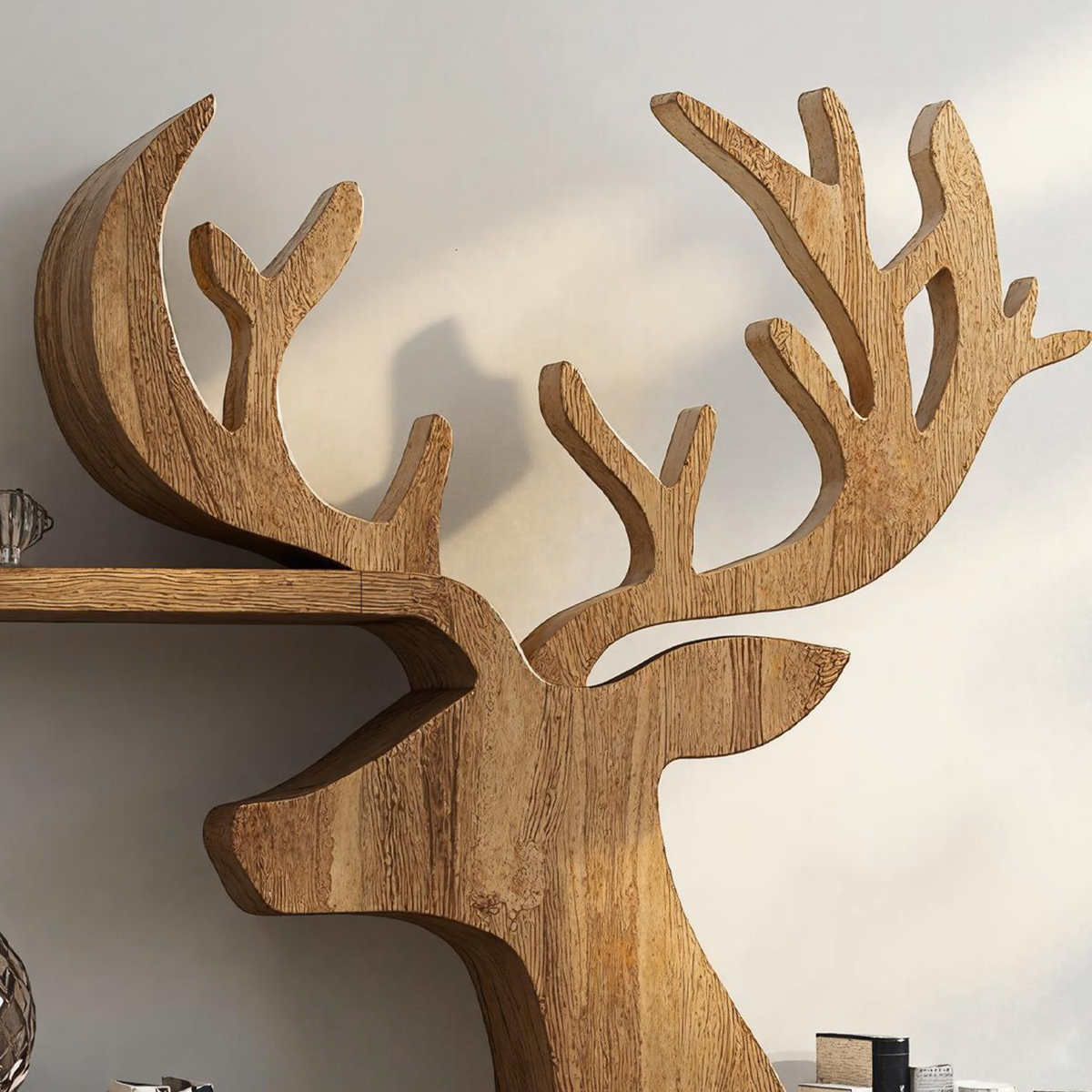 Deer Silhouette Wooden Wall Shelf For Cabin Decor, 45 To 65 Inch