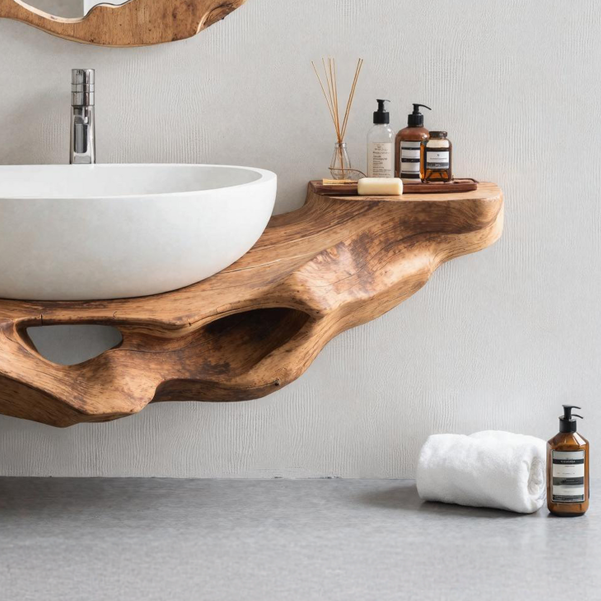Low-Profile Live Edge Floating Vanity Shelf for Small Bathrooms