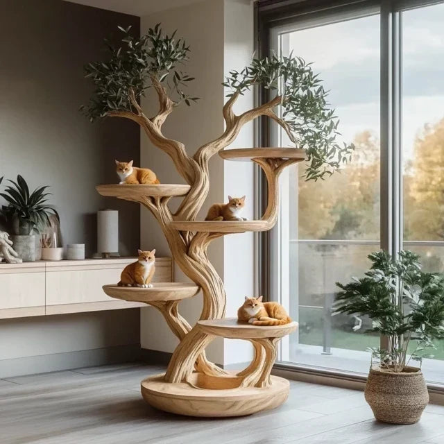 Natural Wood Climbing Cat Tree with Branch Perches, 59 to 80 Inch