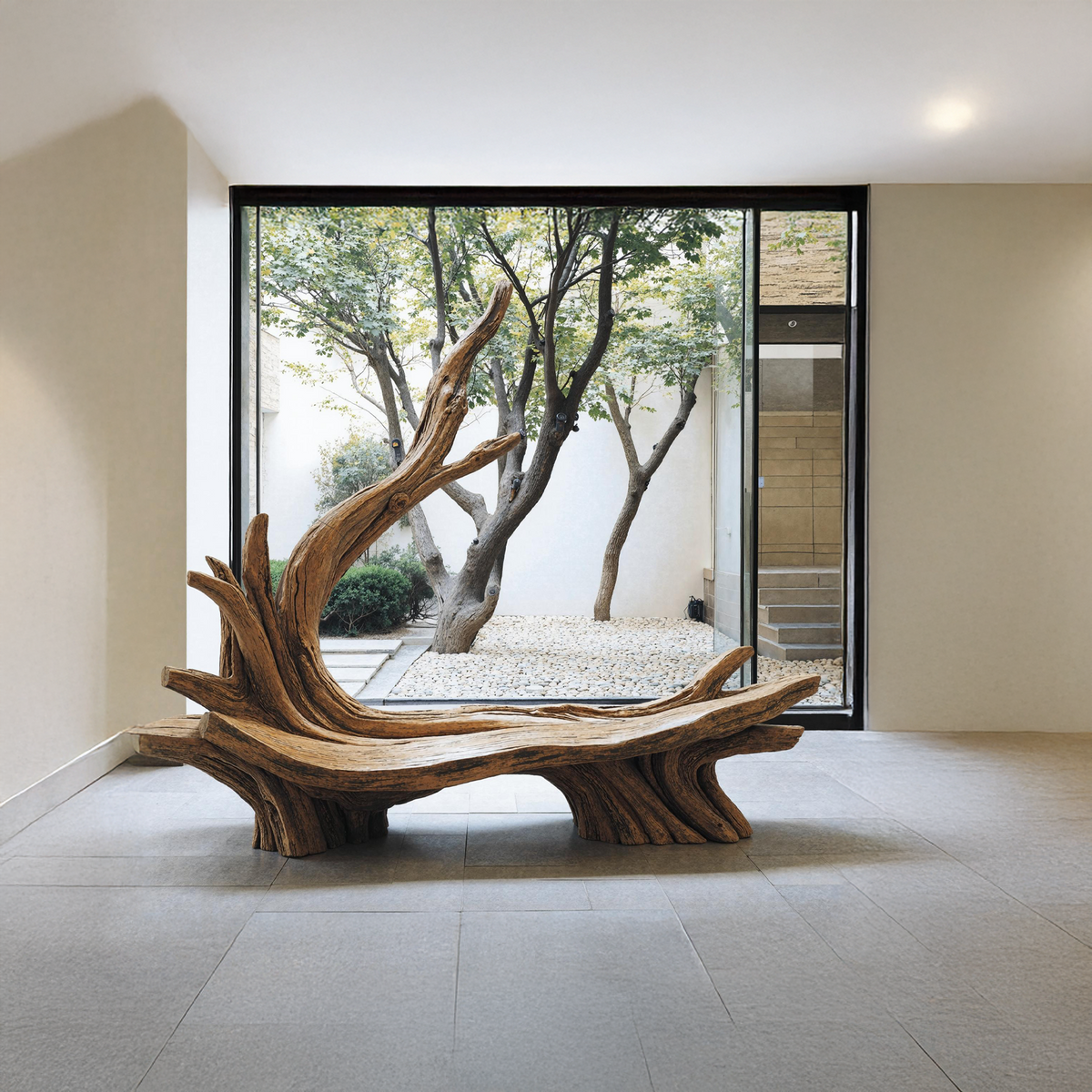 Hand-Sculpted Live Edge Branch Bench for Patio or Entryway