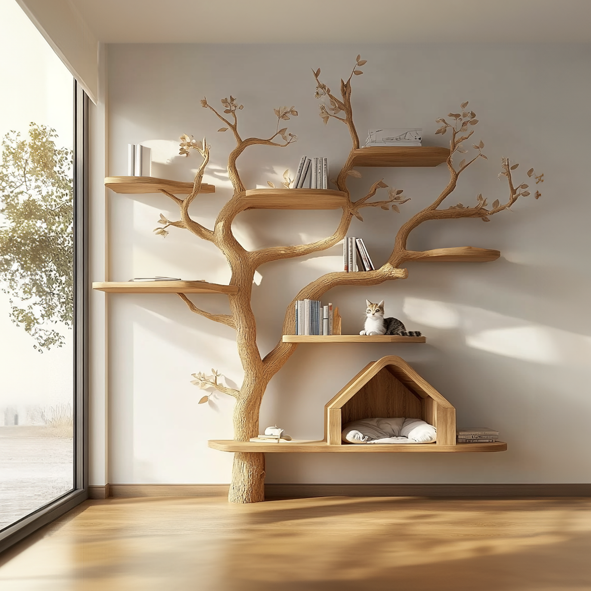 Large Wood Cat Tree, 80 Inch Natural Branch Climbing Tower