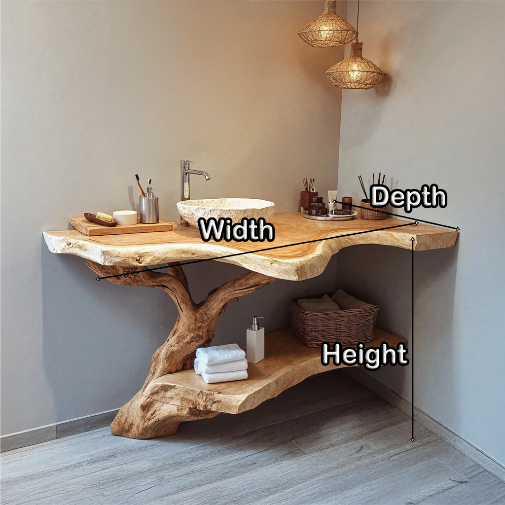 Bathroom Vanity, Mid Century Modern Live Edge Solid Wood Cabinet