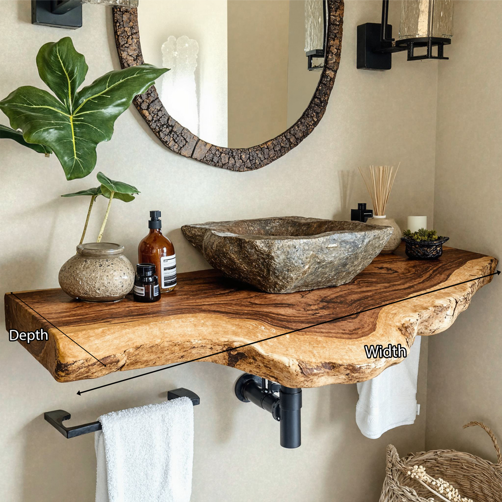 Floating Bathroom Vanity Shelf, Thick Live Edge Wood Sink Countertop