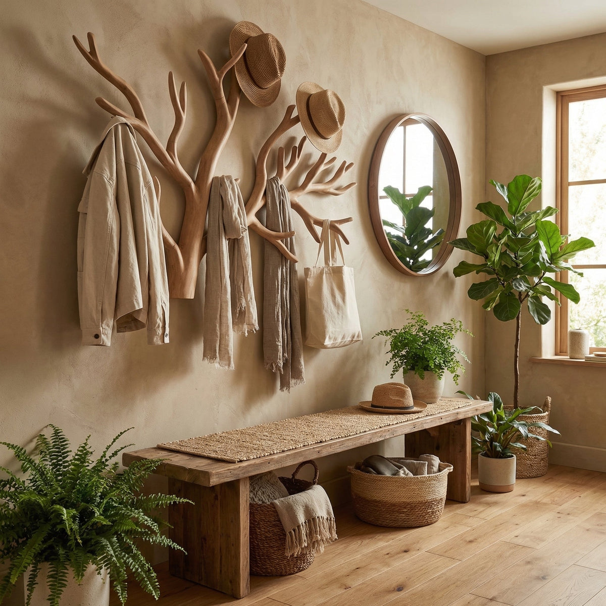 Wall-Hung Driftwood Branch Coat Hanger, Brown, 35 to 59 Inch Wide