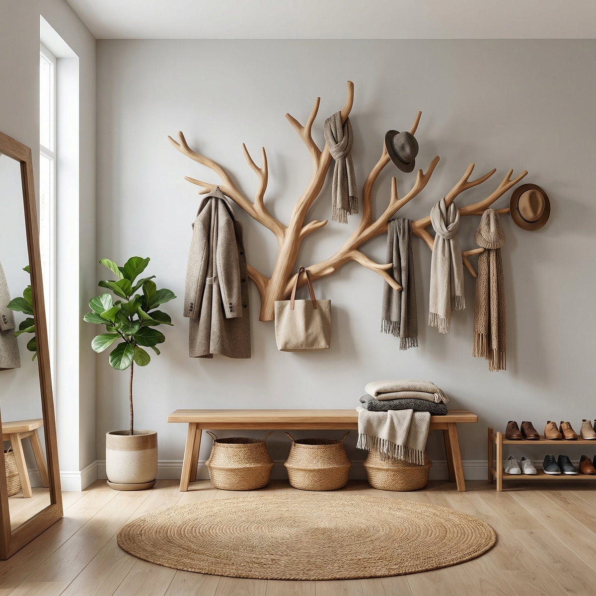 Wall-Hung Driftwood Branch Coat Hanger, Brown, 35 to 59 Inch Wide