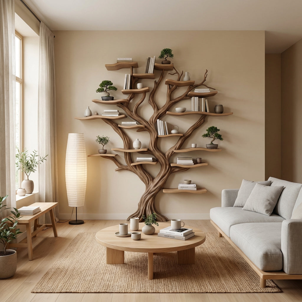 Carved Solid Wood Tree Branch Bookshelf for Feature Walls