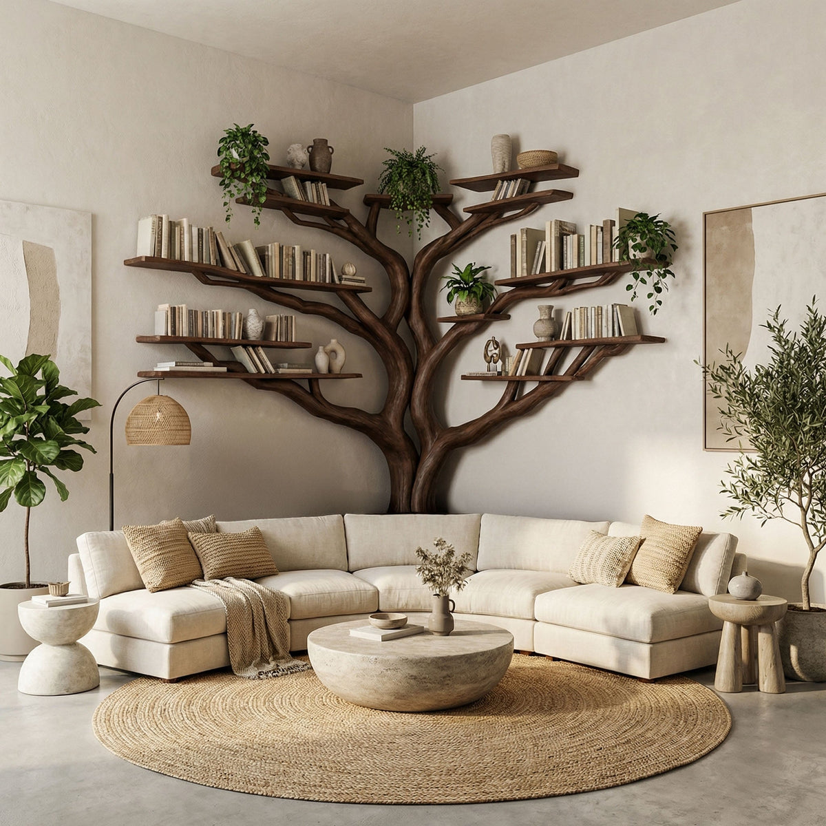 Corner Reading Nook Branch Shelves with Optional L-Shaped Bench Seat