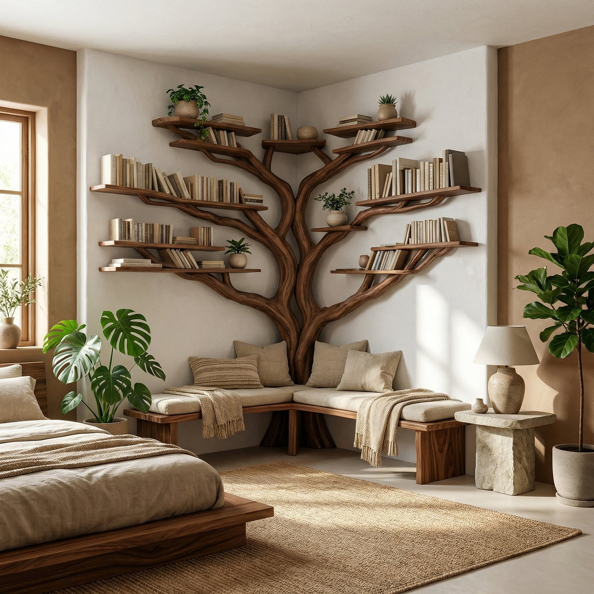 Corner Reading Nook Branch Shelves with Optional L-Shaped Bench Seat