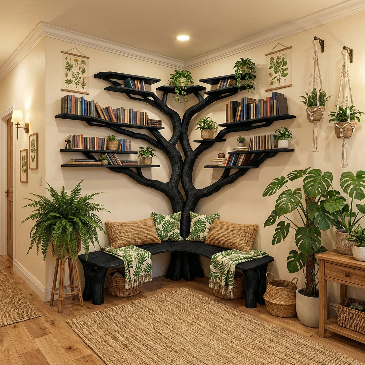 Corner Reading Nook Branch Shelves with Optional L-Shaped Bench Seat