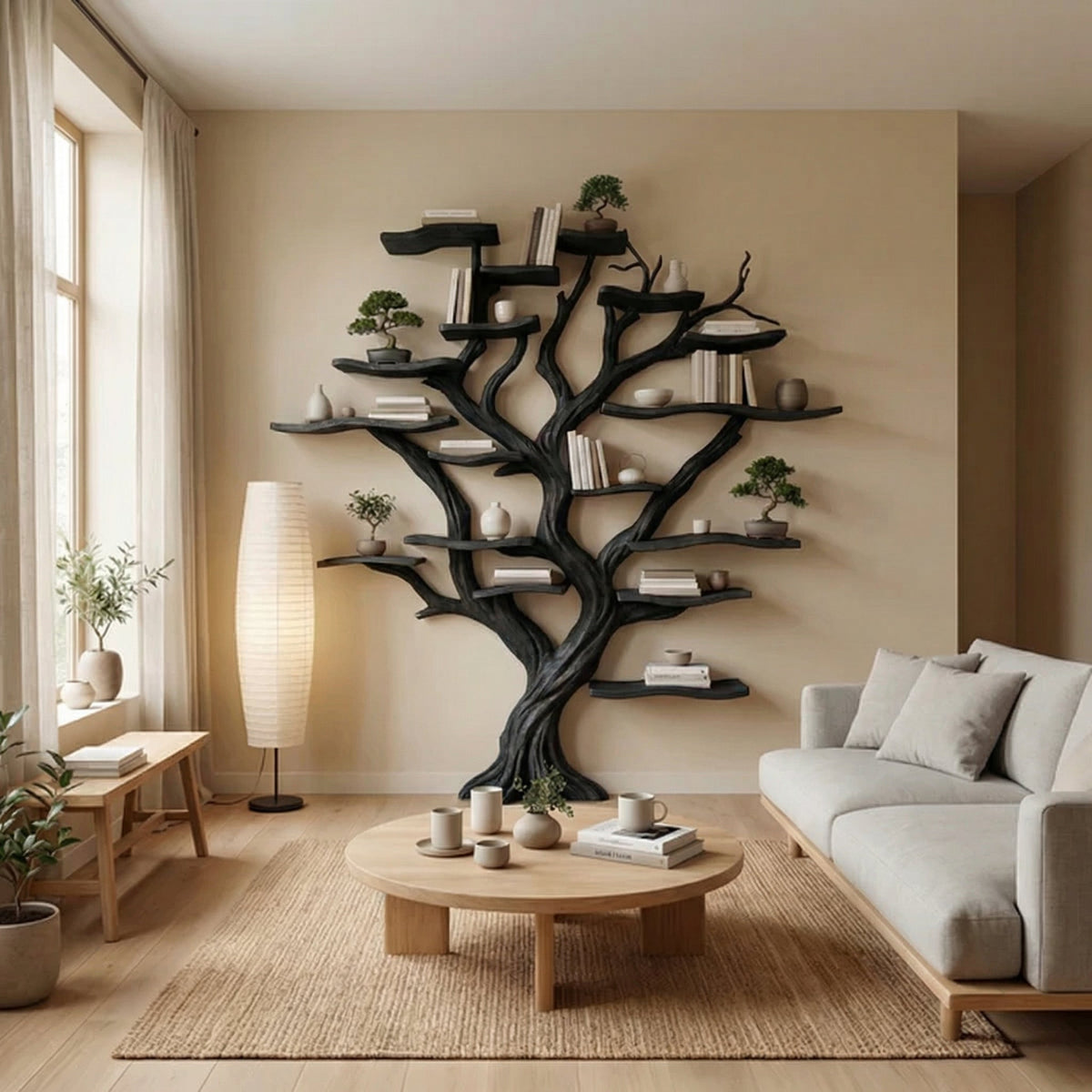 Carved Solid Wood Tree Branch Bookshelf for Feature Walls