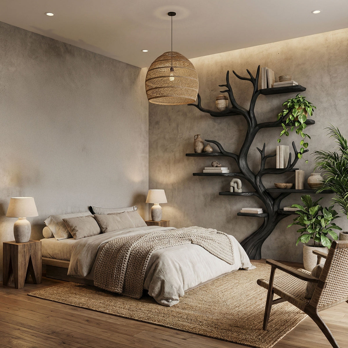 Weathered Branch Wall Bookshelf, 70 x 60 Inch Rustic Floating Display