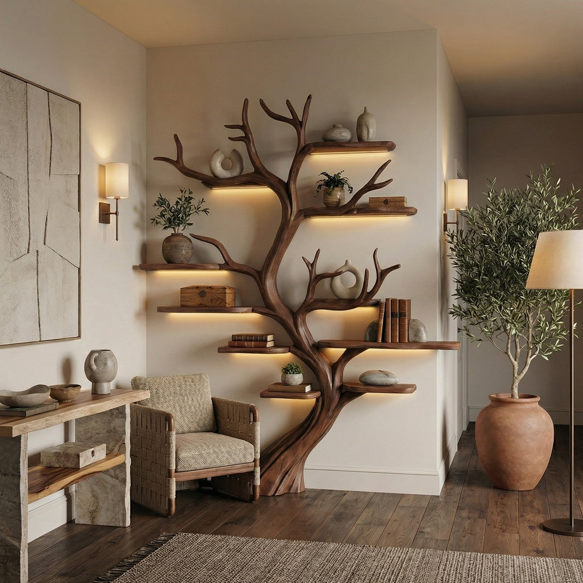 Weathered Branch Wall Bookshelf, 70 x 60 Inch Rustic Floating Display