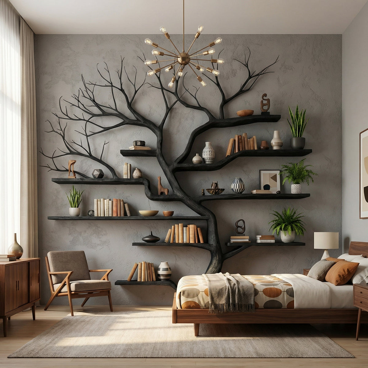Square Branch Wall Bookshelf with Floating Shelves, 60 x 60 in