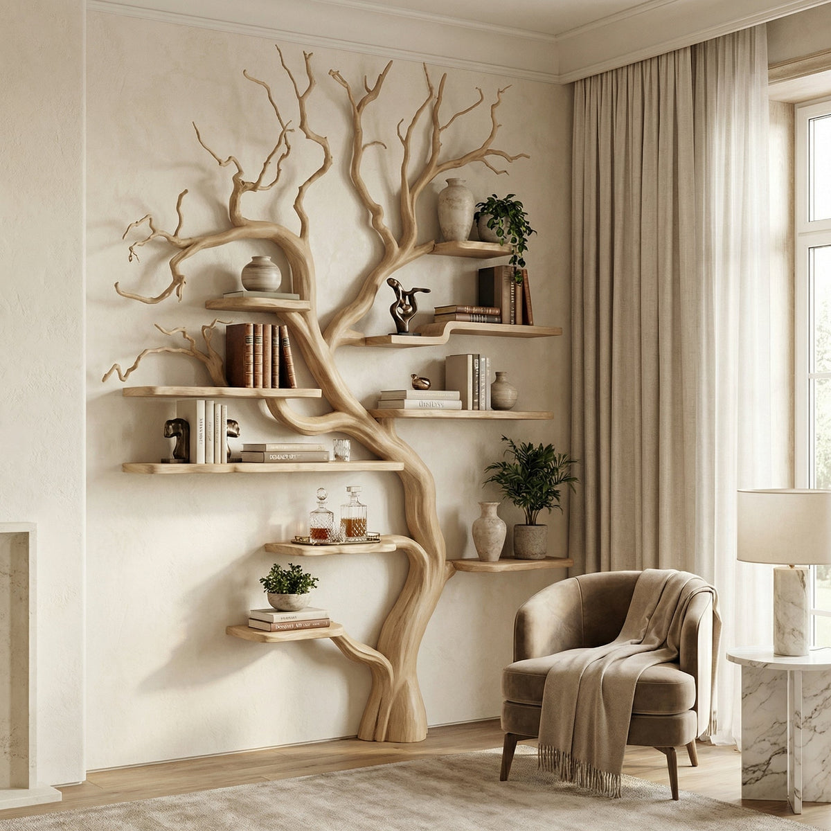 Square Branch Wall Bookshelf with Floating Shelves, 60 x 60 in