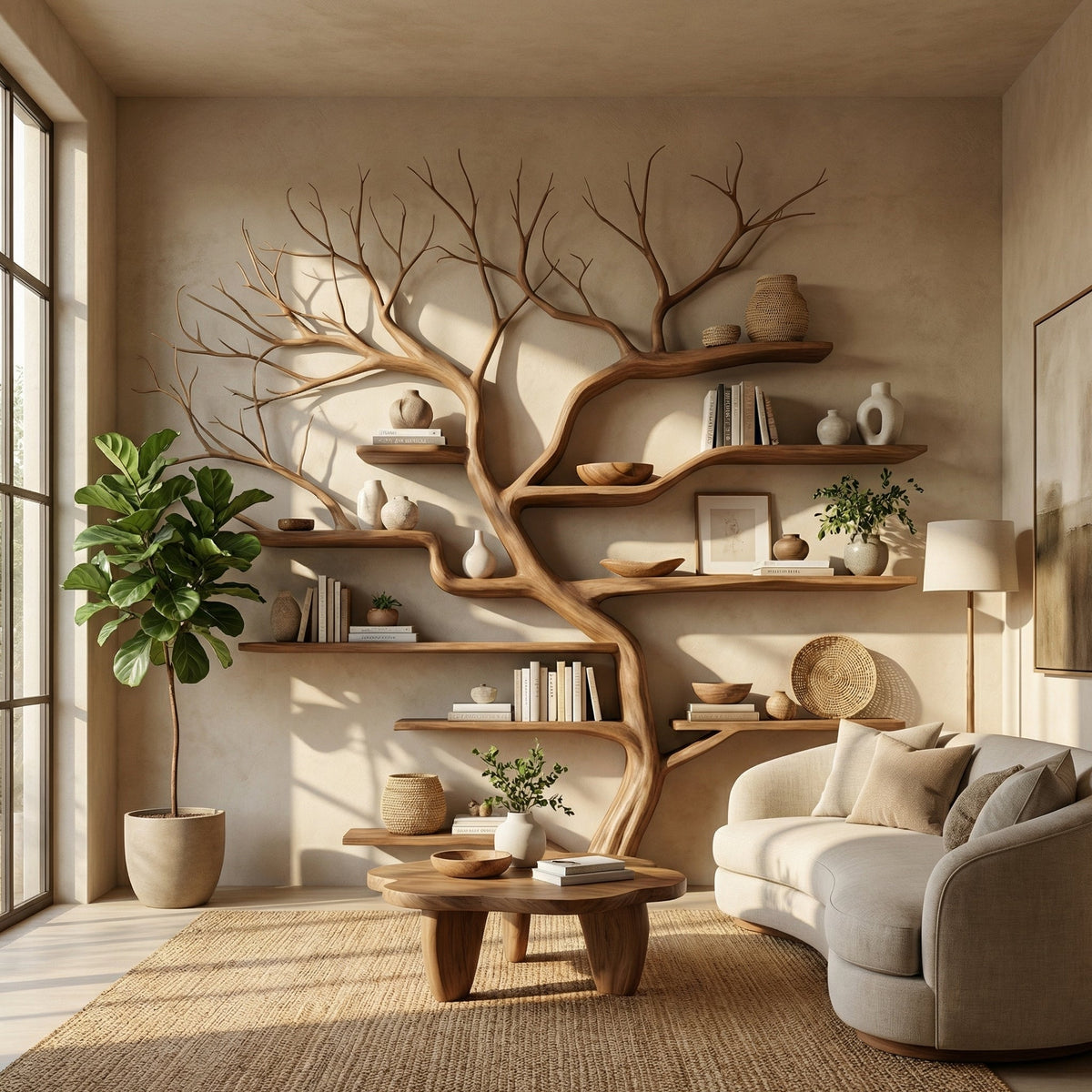 Square Branch Wall Bookshelf with Floating Shelves, 60 x 60 in