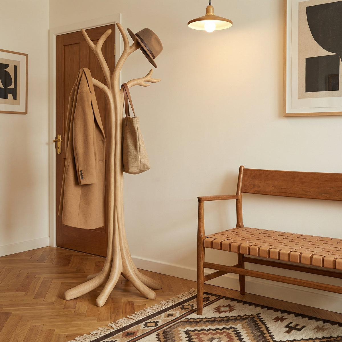 Tree Branch Standing Coat Hanger in Solid Wood, Tripod Base 60-80 in