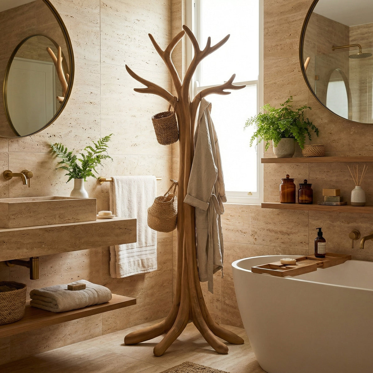 Tree Branch Standing Coat Hanger in Solid Wood, Tripod Base 60-80 in
