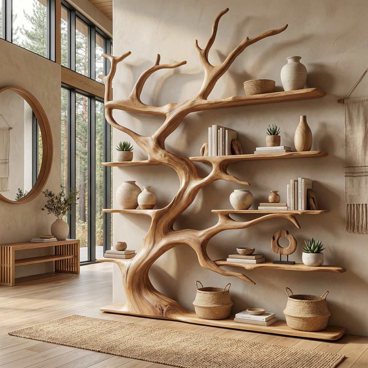 Branch Outline Wood Display Bookcase for Living Room, 60 x 70 in