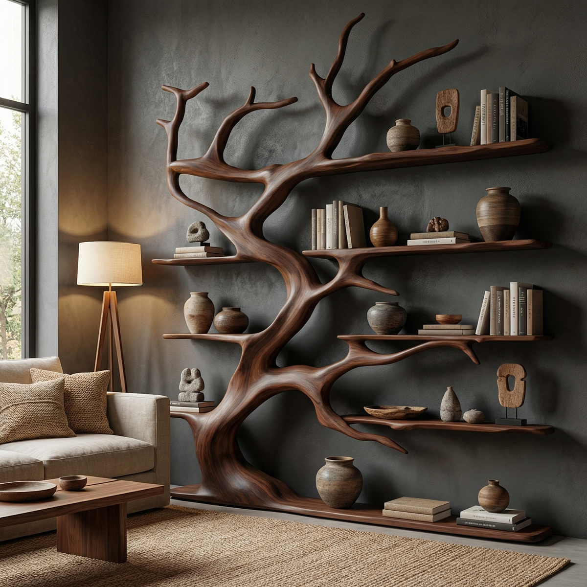 Branch Outline Wood Display Bookcase for Living Room, 60 x 70 in