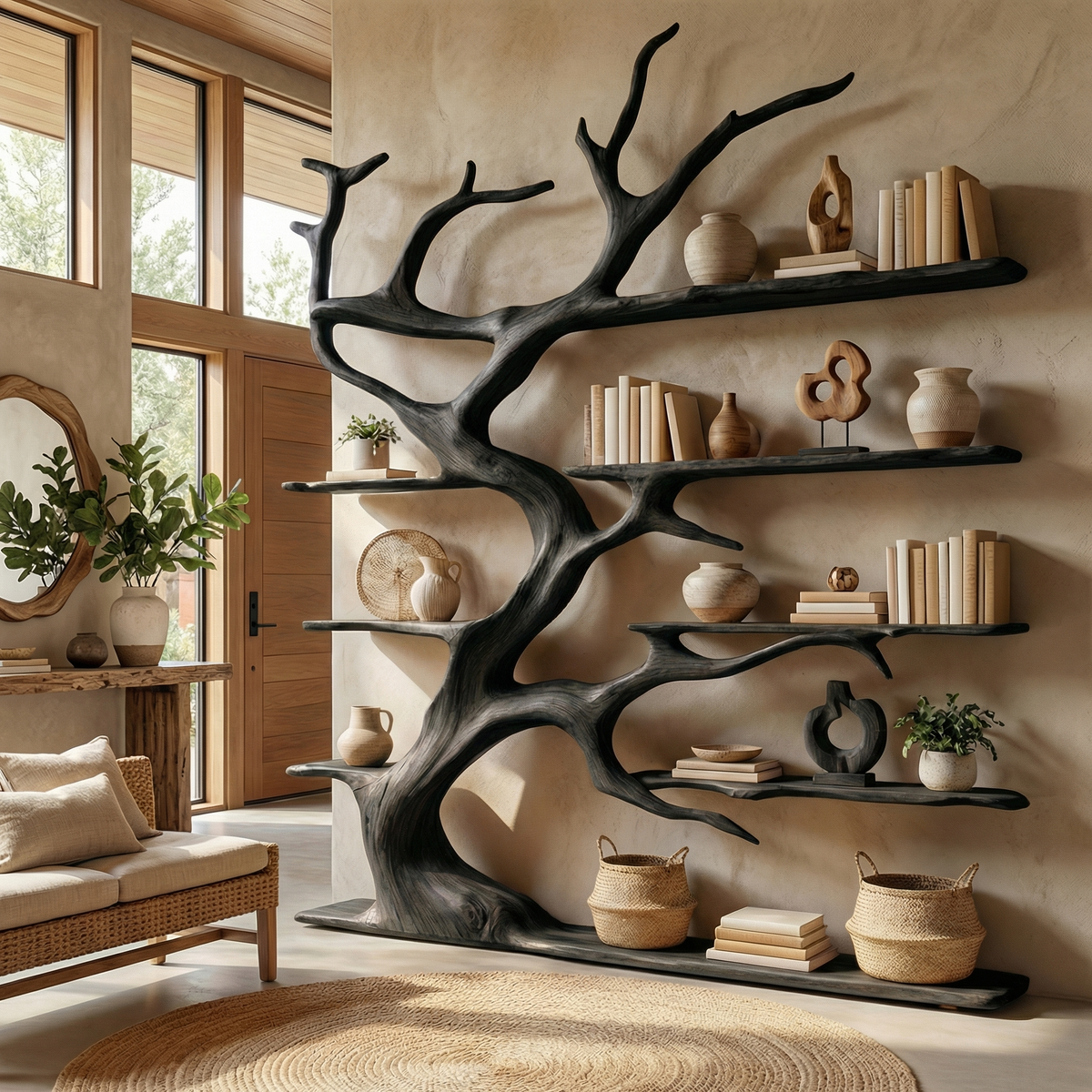 Branch Outline Wood Display Bookcase for Living Room, 60 x 70 in