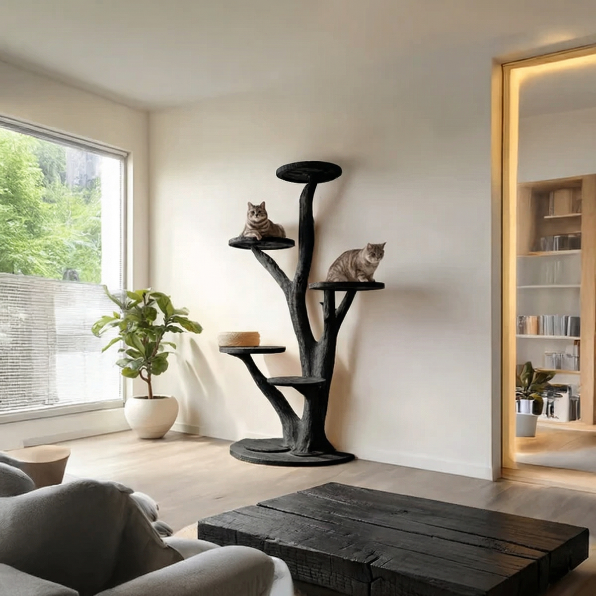 Tree-Shaped Wood Cat Climbing Tower with Branch Perches, 59-80 in